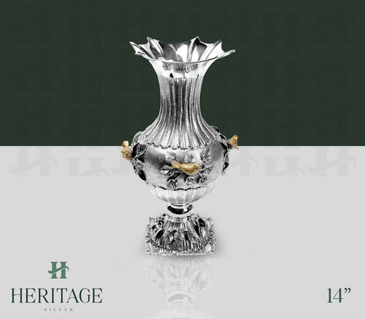 STAMPED STERLING VASE GOLD BIRD ACCENTS
