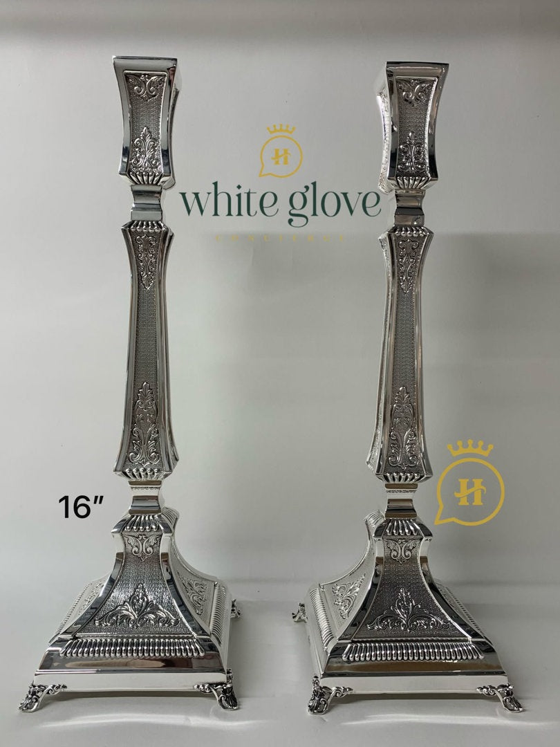 CHASED STAMPED STERLING CANDLESTICKS SQUARE BASE