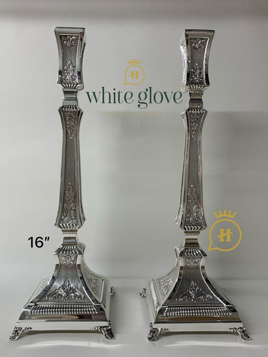 CHASED STAMPED STERLING CANDLESTICKS SQUARE BASE