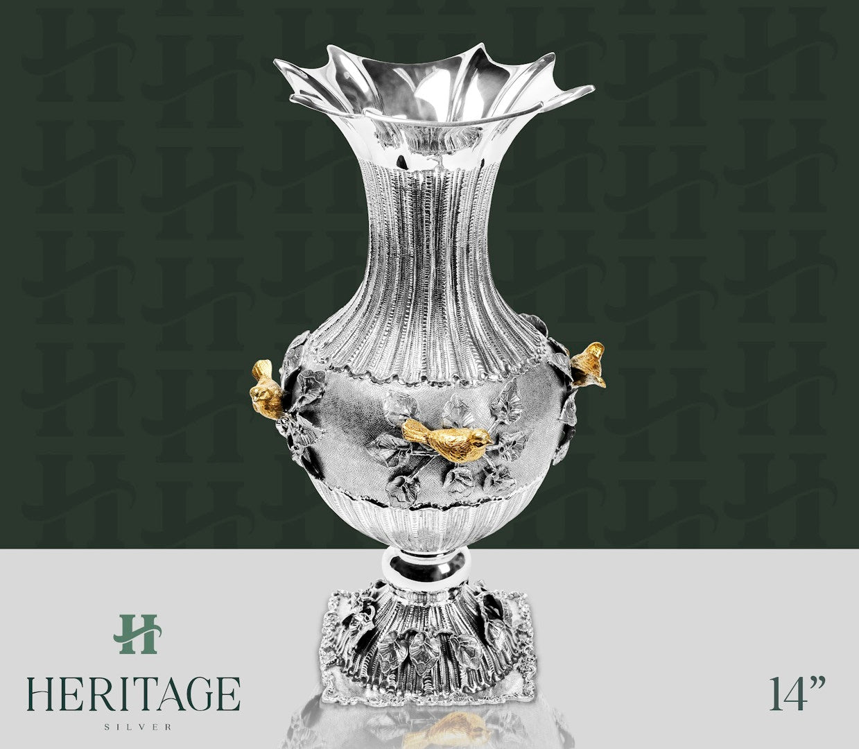 STAMPED STERLING VASE GOLD BIRD ACCENTS