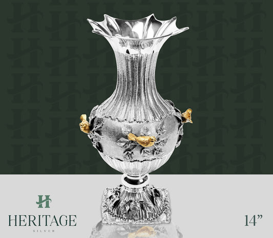 STAMPED STERLING VASE GOLD BIRD ACCENTS